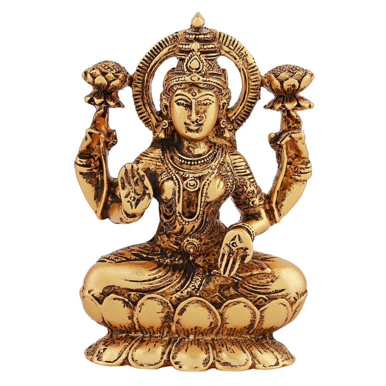 Estele Gold-Polished goddess of wealth Laxmi Devi on lotus Idol for Pooja/Car decor