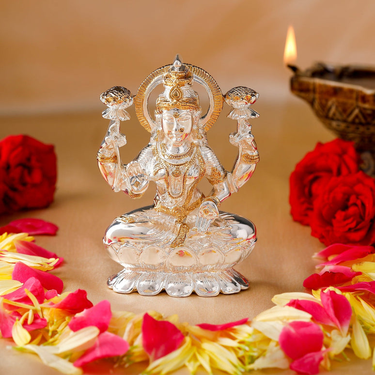 Estele Gold-Polished goddess of wealth Laxmi Devi on lotus Idol for Home/Car decor