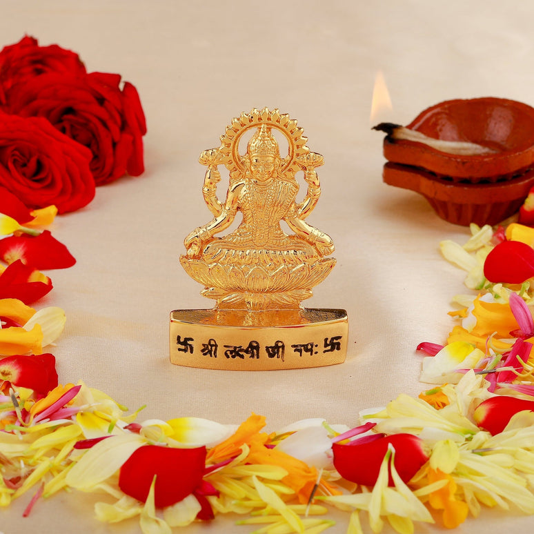 Estele Gold-Polished goddess of wealth Laxmi Devi on lotus Idol for Home/Car decor