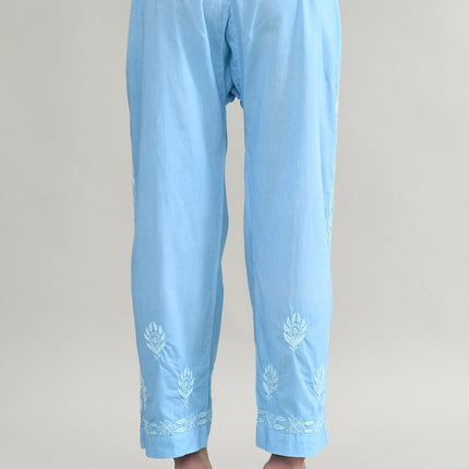 Joban Fashion Womens Cotton ChikanKari Sky Blue & White Cord set