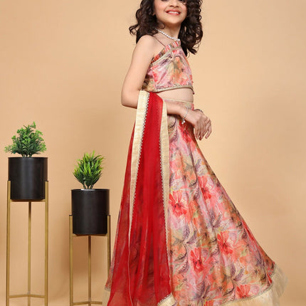 Divine Drape Girls Chinon Peach Printed Kids Lehenga Choli With Dupatta