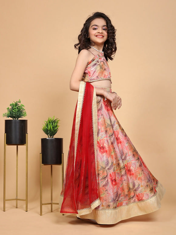 Divine Drape Girls Chinon Peach Printed Kids Lehenga Choli With Dupatta