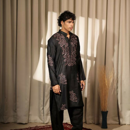 Black Greek Satin Designer Embroidery Work Kurta Set - Mahotsav