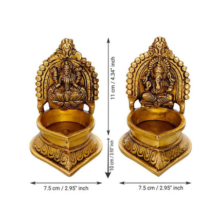 eCraftIndia Set of 2 Gold-Toned Handcrafted Brass Laxmi Ganesha Idol Deepak