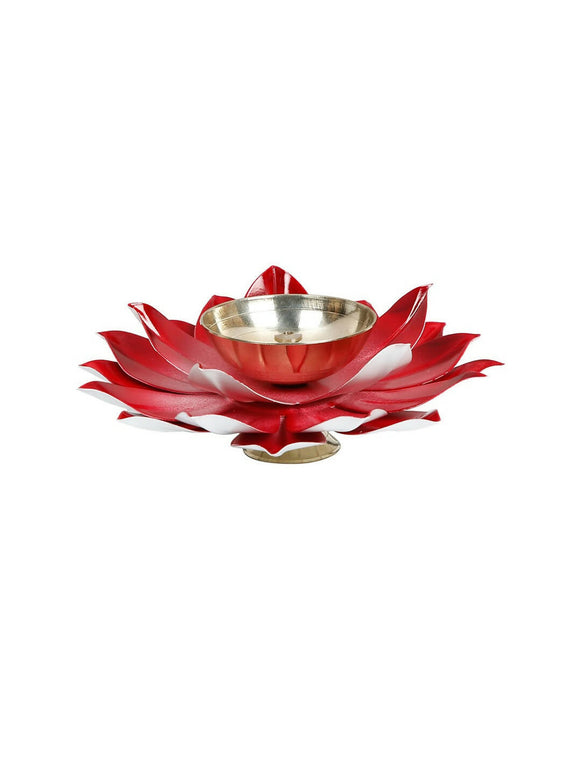 CraftVatika Red Lotus-Shaped Pooja Diya Oil Lamp