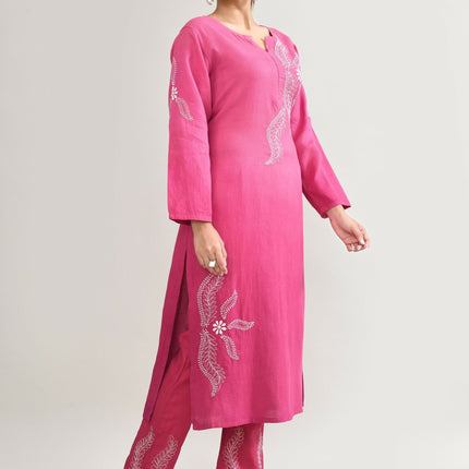 Joban Fashion Womens Cotton ChikanKari pink Kurta set