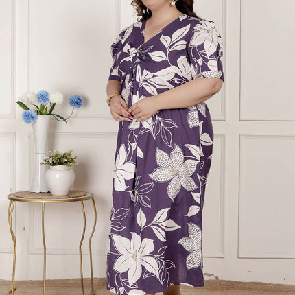 Miravan Womens Plus Size Purple Pleated Puff Sleeve Floral Pure Cotton Butterfly Middi Dress