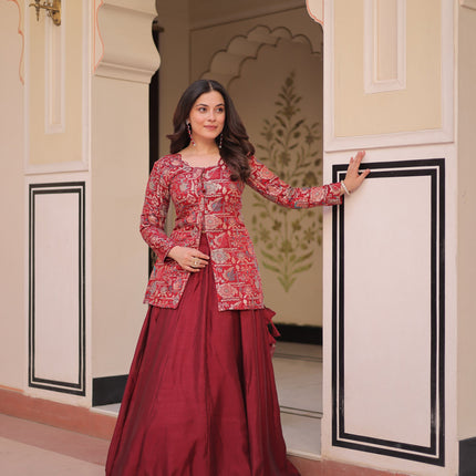 Lorenvalley Fashion Maroon Pure Simmer Vichitra Kali Pattern with Canvas Patta Lehenga Choli