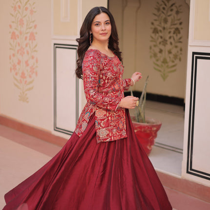 Lorenvalley Fashion Maroon Pure Simmer Vichitra Kali Pattern with Canvas Patta Lehenga Choli