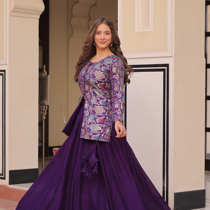 Lorenvalley Fashion Purple Pure Simmer Vichitra Kali Pattern with Canvas Patta Lehenga Choli