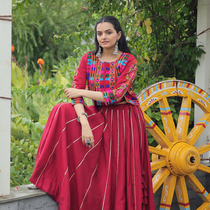 Lorenvalley Fashion Maroon Roman Silk with Attractive Gota-Patti Lace Lehenga Choli