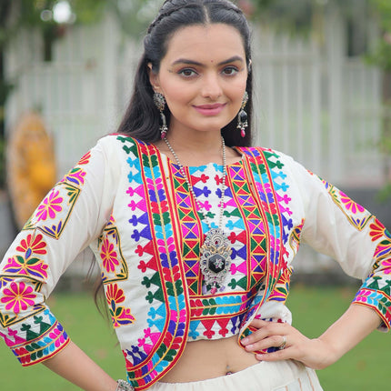 Lorenvalley Fashion White Roman Silk with Attractive Gota-Patti Lace Lehenga Choli