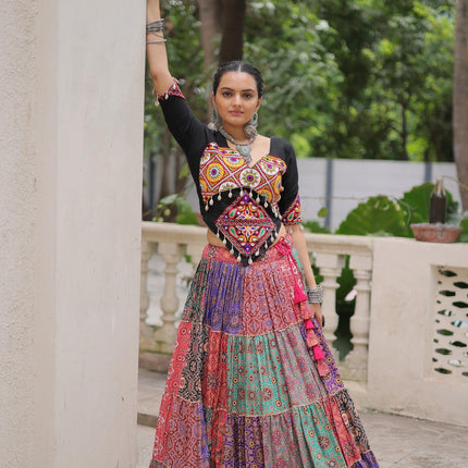 Prazu Fashion Black Kutchi Gamthi Embroidered Codi Lace Work Lehenga For Navratri