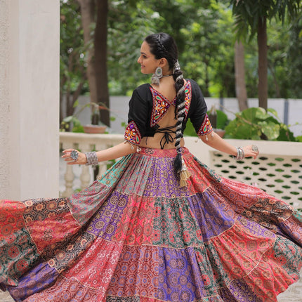 Prazu Fashion Black Kutchi Gamthi Embroidered Codi Lace Work Lehenga For Navratri