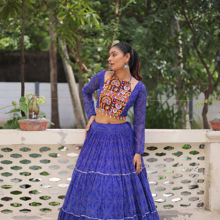 Lorenvalley Fashion Blue Faux Georgette Bandhej Print with Gotta Patti Lace Work Lehenga Choli