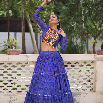 Lorenvalley Fashion Blue Faux Georgette Bandhej Print with Gotta Patti Lace Work Lehenga Choli