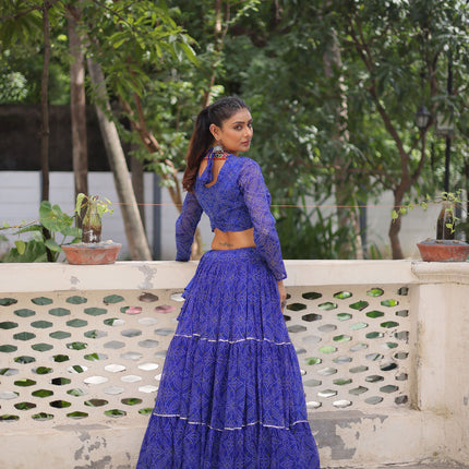 Lorenvalley Fashion Blue Faux Georgette Bandhej Print with Gotta Patti Lace Work Lehenga Choli