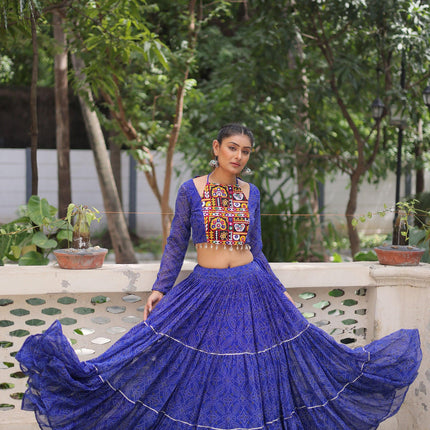 Lorenvalley Fashion Blue Faux Georgette Bandhej Print with Gotta Patti Lace Work Lehenga Choli