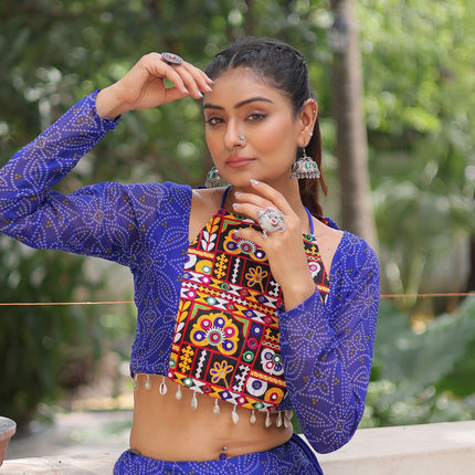 Lorenvalley Fashion Blue Faux Georgette Bandhej Print with Gotta Patti Lace Work Lehenga Choli