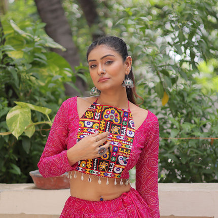 Lorenvalley Fashion Pink Faux Georgette Bandhej Print with Gotta Patti Lace Work Lehenga Choli