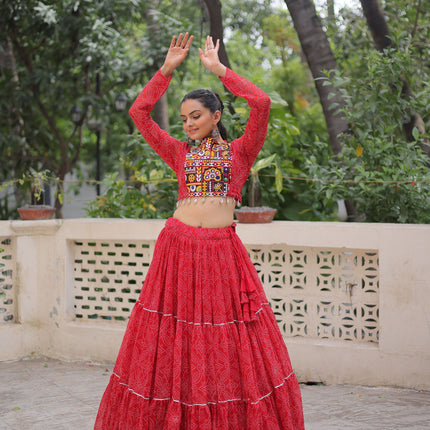 Lorenvalley Fashion Red Faux Georgette Bandhej Print with Gotta Patti Lace Work Lehenga Choli