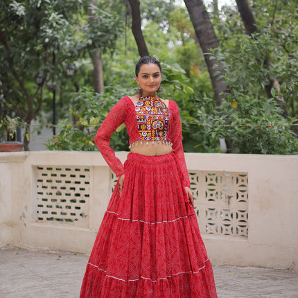 Lorenvalley Fashion Red Faux Georgette Bandhej Print with Gotta Patti Lace Work Lehenga Choli