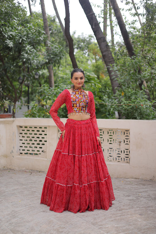 Lorenvalley Fashion Red Faux Georgette Bandhej Print with Gotta Patti Lace Work Lehenga Choli