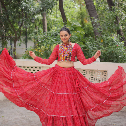 Lorenvalley Fashion Red Faux Georgette Bandhej Print with Gotta Patti Lace Work Lehenga Choli