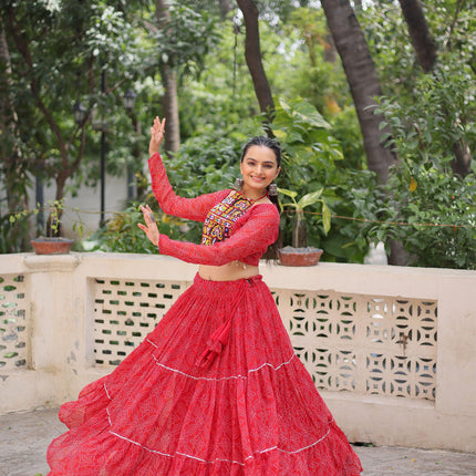 Lorenvalley Fashion Red Faux Georgette Bandhej Print with Gotta Patti Lace Work Lehenga Choli