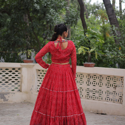 Lorenvalley Fashion Red Faux Georgette Bandhej Print with Gotta Patti Lace Work Lehenga Choli