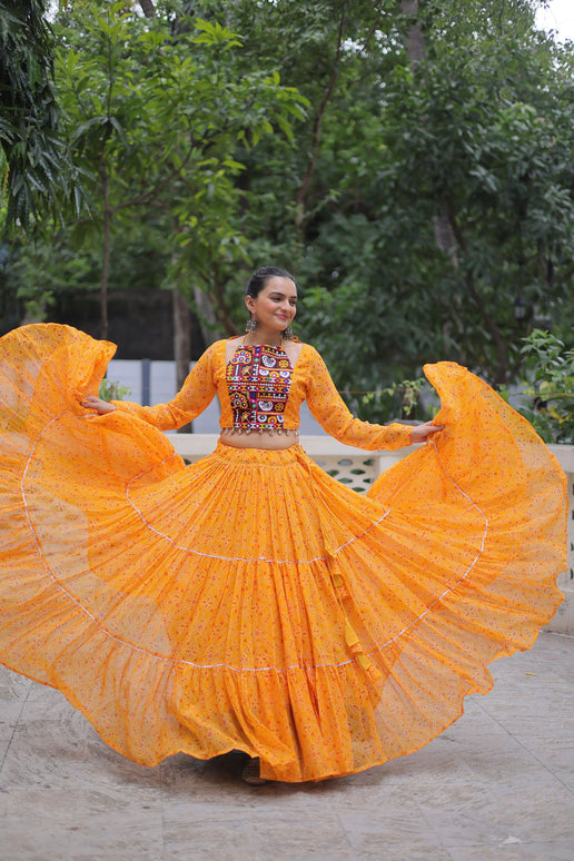 Lorenvalley Fashion Yellow Faux Georgette Bandhej Print with Gotta Patti Lace Work Lehenga Choli