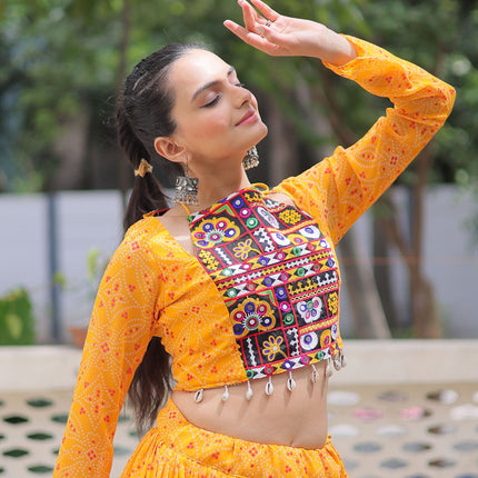 Lorenvalley Fashion Yellow Faux Georgette Bandhej Print with Gotta Patti Lace Work Lehenga Choli