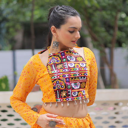 Lorenvalley Fashion Yellow Faux Georgette Bandhej Print with Gotta Patti Lace Work Lehenga Choli