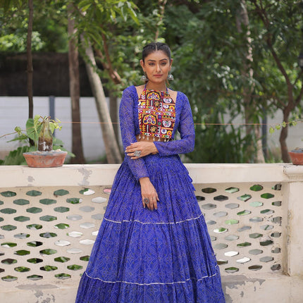 Prazu Fashion Blue Georgette Bandhej Print With Gotta Patti Lehenga For Navratri