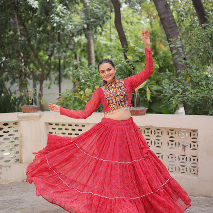 Prazu Fashion Red Georgette Bandhej Print With Gotta Patti Lehenga For Navratri