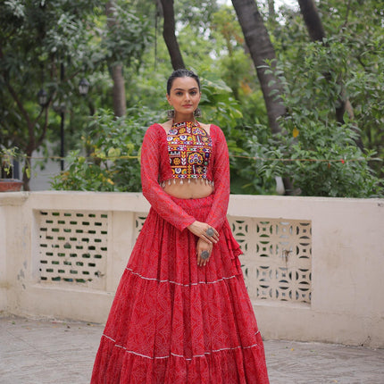 Prazu Fashion Red Georgette Bandhej Print With Gotta Patti Lehenga For Navratri