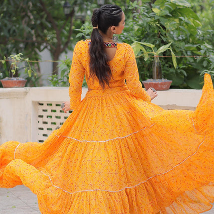 Prazu Fashion Yellow Georgette Bandhej Print With Gotta Patti Lehenga For Navratri