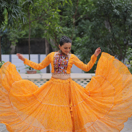 Prazu Fashion Yellow Georgette Bandhej Print With Gotta Patti Lehenga For Navratri