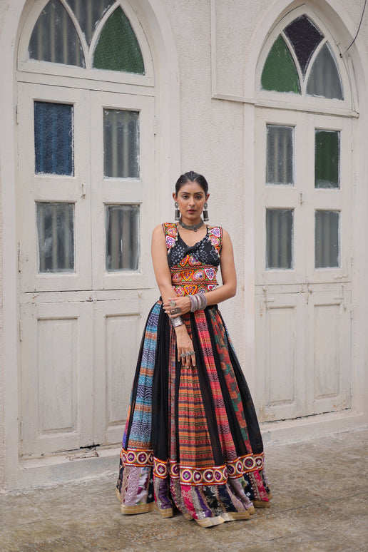 Lorenvalley Fashion Multicolor Georgette print and attractive combination Of Gamthi Embroidered & Embellished work Lehenga Choli