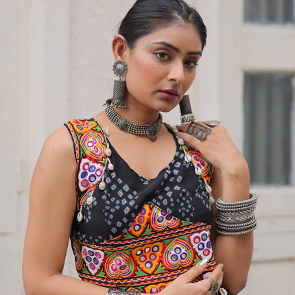 Prazu Fashion Black Georgette Print With Gamthi Work Navratri Lehenga