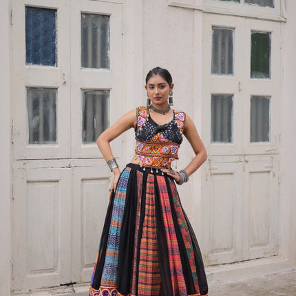 Prazu Fashion Black Georgette Print With Gamthi Work Navratri Lehenga