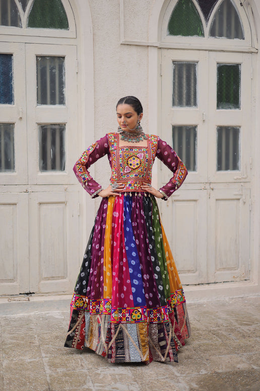 Lorenvalley Fashion Multicolor Georgette print and attractive combination of vintage and gamthi embellished work Lehenga Choli