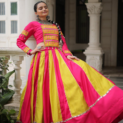 Prazu Fashion Pink Roman With Gamthi Thread Embroidered Work Lehenga For Navratri