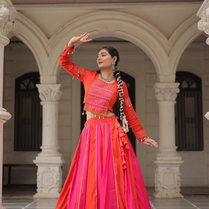 Prazu Fashion Red Roman With Gamthi Thread Embroidered Work Lehenga For Navratri