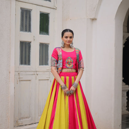 Lorenvalley Fashion Multicolor Roman Silk with attractive Maslin Crochet Print & Gotta lace embellished work Lehenga Choli