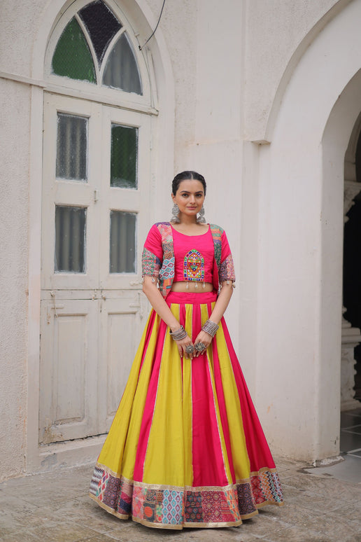 Lorenvalley Fashion Multicolor Roman Silk with attractive Maslin Crochet Print & Gotta lace embellished work Lehenga Choli