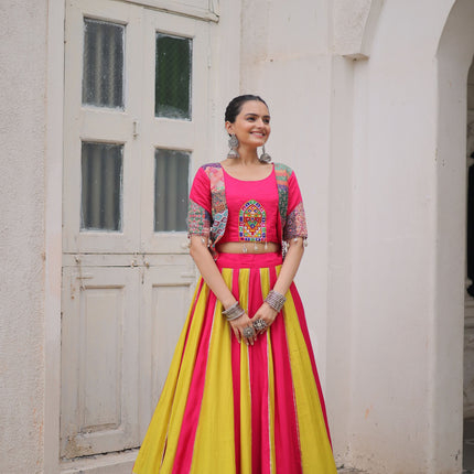 Lorenvalley Fashion Multicolor Roman Silk with attractive Maslin Crochet Print & Gotta lace embellished work Lehenga Choli