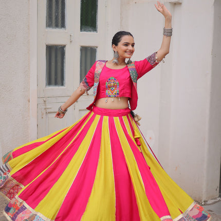 Lorenvalley Fashion Multicolor Roman Silk with attractive Maslin Crochet Print & Gotta lace embellished work Lehenga Choli