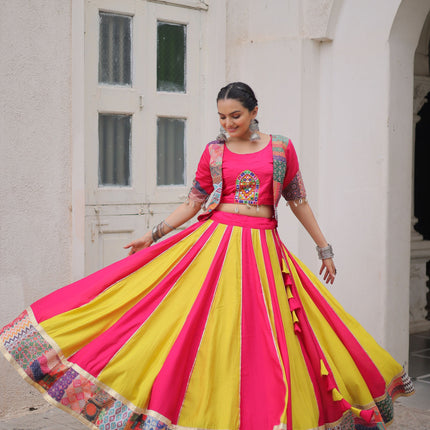 Lorenvalley Fashion Multicolor Roman Silk with attractive Maslin Crochet Print & Gotta lace embellished work Lehenga Choli