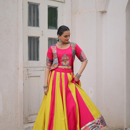 Prazu Fashion Pink Roman With Attractive Maslin Crochet Print Lehenga For Navratri